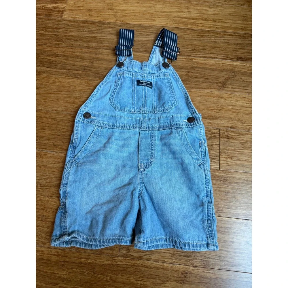 OshKosh B'gosh Farmhouse Retro Denim Shortalls Toddler 3T Blue Striped Straps